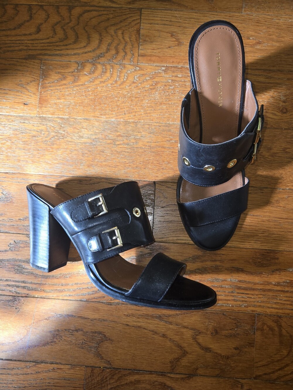 Tommy Hilfiger Black Leather Dual-Buckle Block Heel Mules. Never Worn